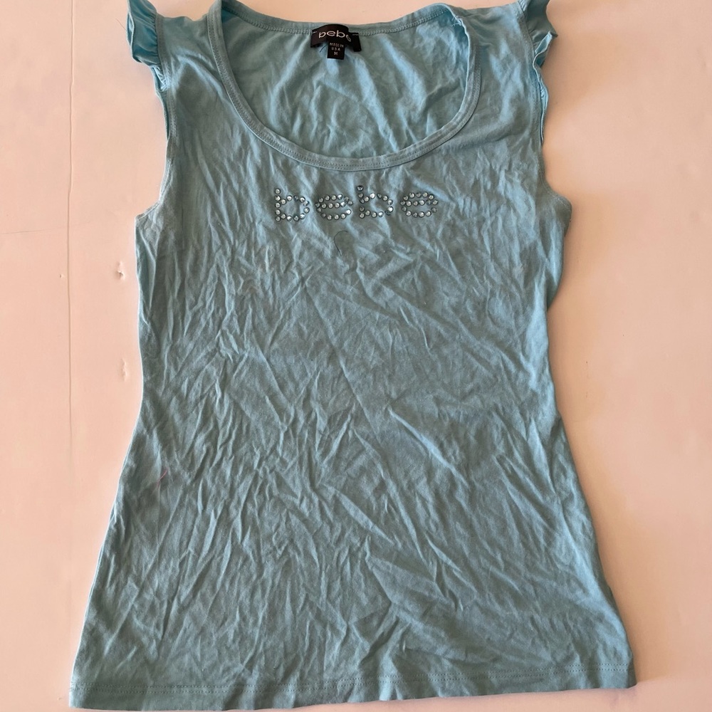 bebe Teal Blue Ruffle Sleeve Tank Top